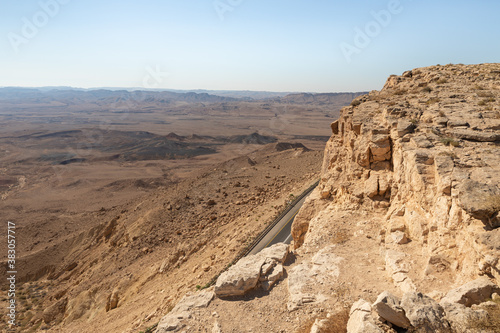 Sunrise over the Judean Desert. View from the top of the cliff near Mitzpe Ramon in Israel