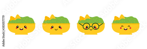 Mexican guacamole dip, sauce bowls cartoon characters, cute, happy and smiling.
