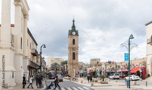 The Yossi Carmel Square and the famous Clock Tower in old Yafo in Israel photo