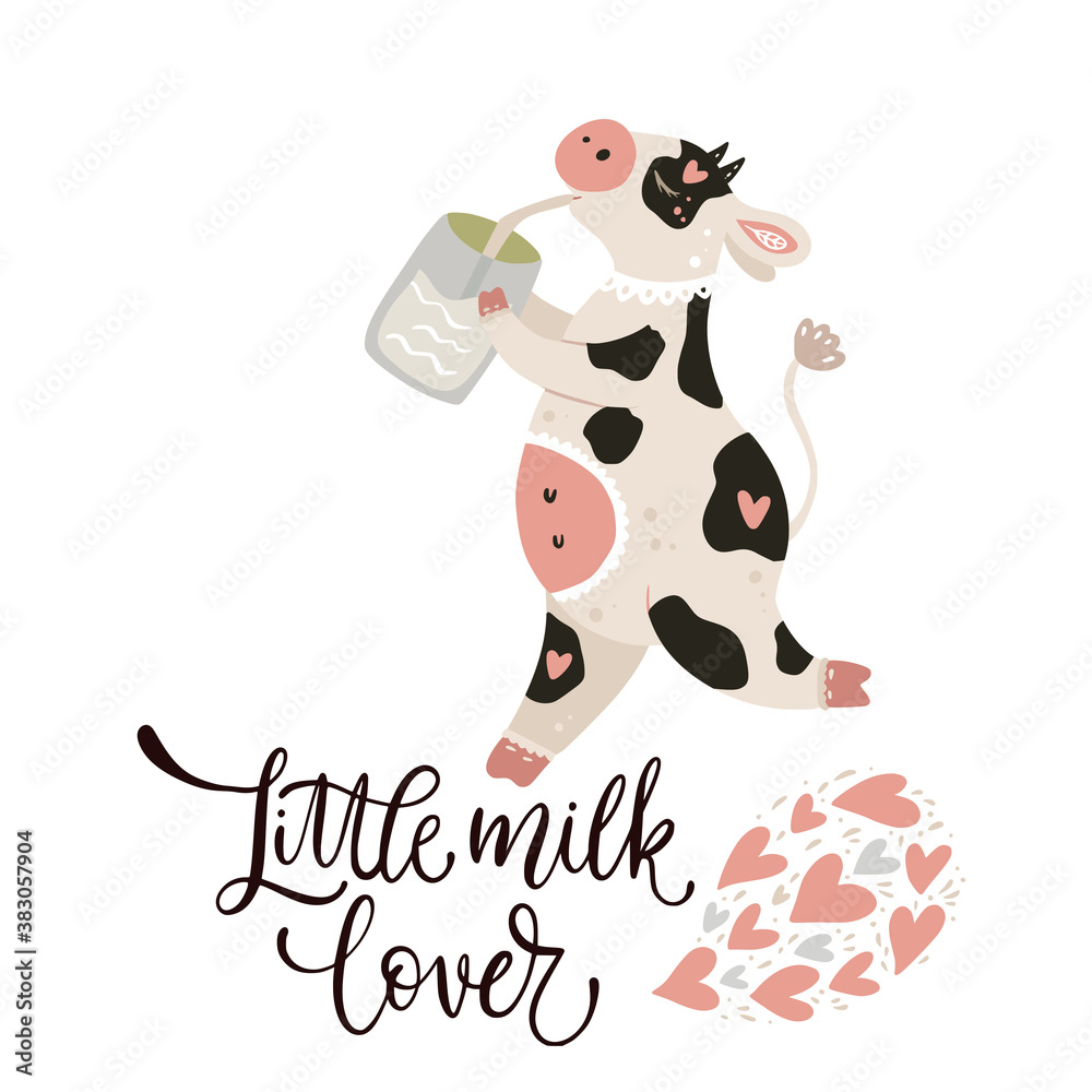 Cute cartoon cow drinking milk. Vector poster with hand drawn lettering - Little milk lover. Animal baby greeting card and apparel print on white with milk and hearts. New Year 2021.
