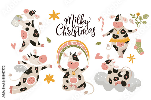 Christmas cute cartoon cow vector clip art set. Cheerful animal collection with winter decorations rainbow and stars. New Year 2021.