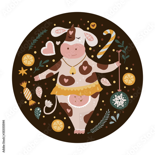 Christmas cute cartoon round cow vector illustration. Animal ornate card with winter decorations. Perfect for kid apparel print and greeting poster. New Year 2021.