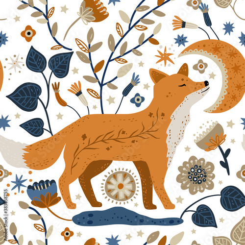 Nordic scandinavian fox animal seamless vector pattern. Ornate woodland detailed cartoon wallpaper on a white background. Folk art kid design.