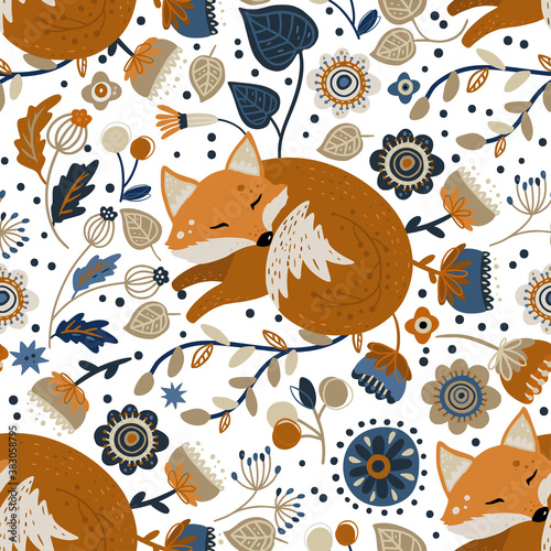 Nordic scandinavian fox animal seamless vector folk pattern. Ornate woodland detailed cartoon wallpaper with dream fox and flower on a white background.