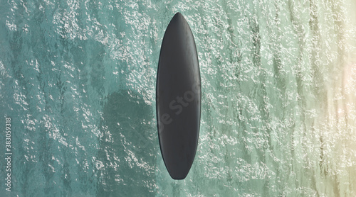 Canvas Print Blank black surfboard on water surface mock up, top view