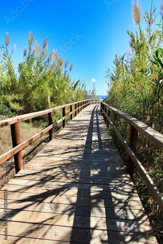 Wooden walkway to the beach in the morning in Alicante  Spain