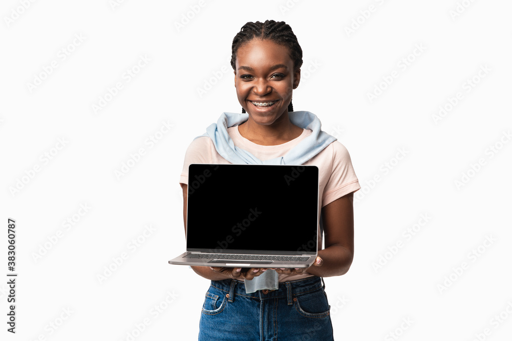 Black Woman Holding Laptop With Empty Screen On White Background Black Woman Holding Laptop With Empty Screen On White Background