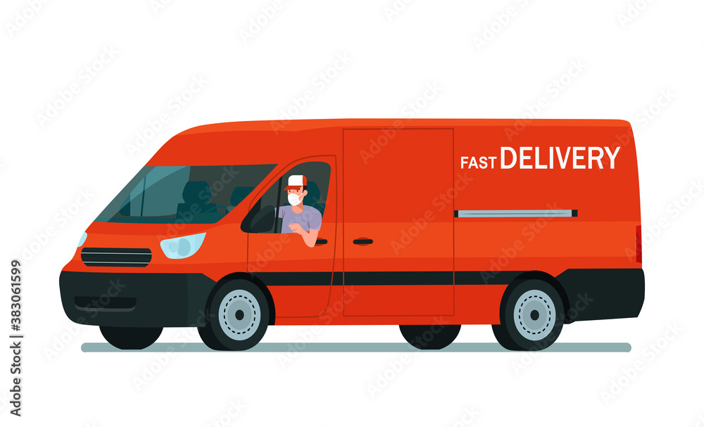 Cargo van with a face masked driver isolated. Vector flat style illustration.