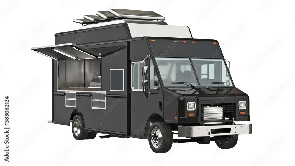 Obraz premium Food truck eatery cafe on wheels. 3D isolated white background