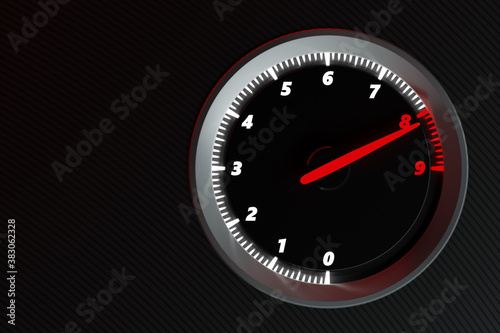 3D illustration close up black car panel, digital bright tachometer. Tachometer arrow shows maximum speed