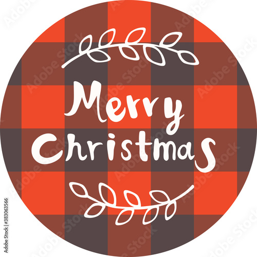Hand drawn Merry Christmas lettering and leaves illustration on Lumberjack plaid vector. Buffalo check. Great for icons, stickers, labels, tags, ornaments and patches.