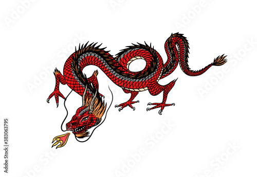 Chinese dragon. Mythological animal or Asian traditional reptile. Symbol for tattoo or label. Engraved hand drawn line art Vintage old monochrome sketch, ink. Vector illustration.