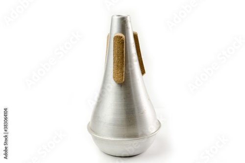 Silver metal trumpet straight mute.  Close up view of a simple well used brass instrument accessory, isolated on white background.  Lots of wear and tear from heavy use gigging.