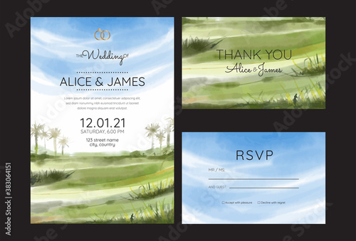wedding invitation cards with pine forest landscape watercolor 
