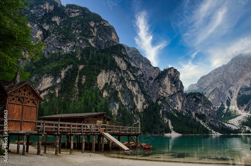 lake braies in val pusteria in trentino alto adige, a few kilometers from austria