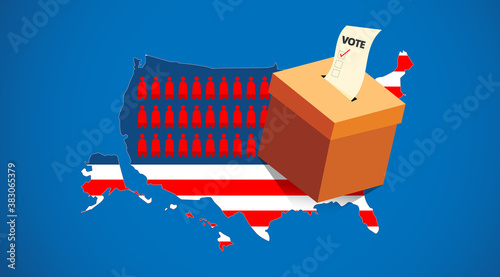 Presidential election in United States banner.Voting paper in ballot box on America map background.US Presidential election campaign poster.Usa debate of president voting concepts.Vector illustration.