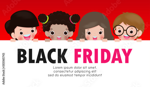 Black Friday Sale Event, shopping concept group of people holding big signs, Advertising Poster Banner shop Big Discount Promo Sale Event vector illustration isolated on background