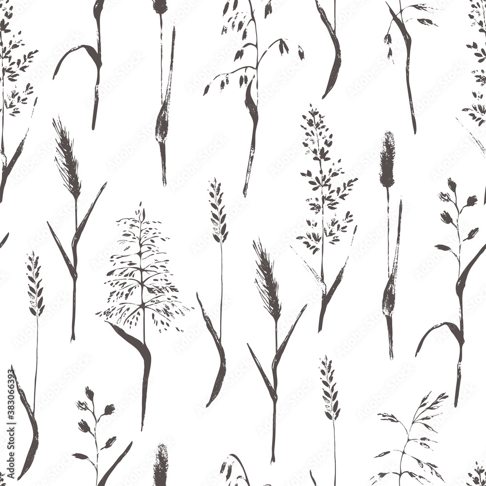 Fototapeta premium Hand drawn meadow grass seamless pattern for eco design.