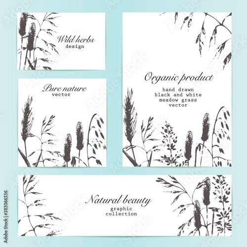 Vector design template with meadow grass inky silhouettes