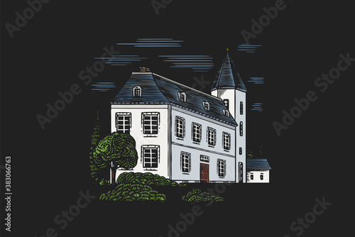 Alcohol production plant. Cognac castle. Engraved hand drawn vintage sketch. Woodcut style. Vector illustration 