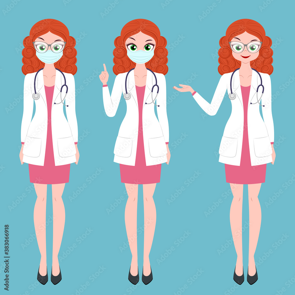 Young lady doctor character in different poses wearing medical mask with stethoscope Young lady doctor character in different poses wearing medical mask with stethoscope