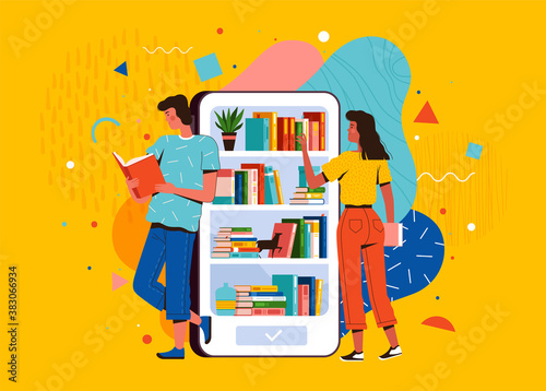 Man and woman are reading books from the mobile library on the phone. E-book reader and distance learning app concept