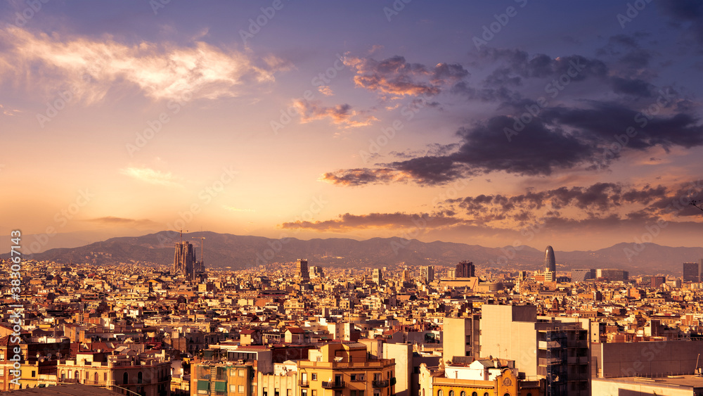Barcelona cityscape at sunset, Spain. Empty copy space for Editor's content