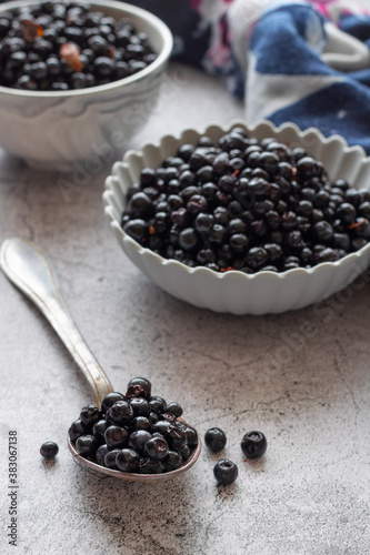 Fresh picked blueberries on table, healthy seasonal raw fruits