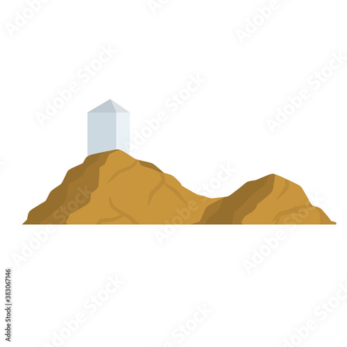 Mount Arafat. Holy Muslim place. Element of pilgrimage and Hajj to Mecca. White tower in Saudi Arabia. Islamic religion. Flat cartoon illustration