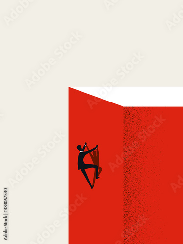 Business career success and hard work vector concept. Man climbing cliff. Symbol of growth, ambition.