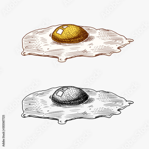 Fried eggs. Scrambled omelette and yolk. Farm product. Engraved hand drawn retro vintage sketch. Woodcut style. Vector illustration for menu or poster.