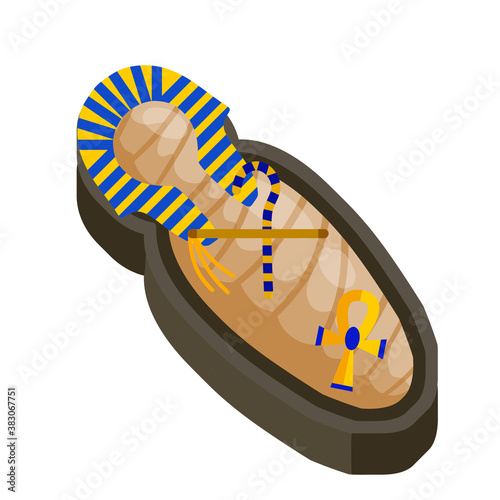 Mummy in sarcophagus. Egyptian king. Archaeology and Halloween monster. Golden scepter and symbol of immortality. Flat cartoon illustration. Body of Pharaoh