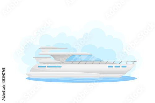 White Luxury Yacht with Cabin as Water Transport Vector Illustration