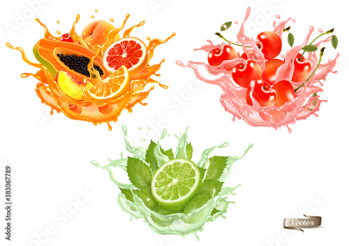 Sweet exotic juice splash. Whole and sliced papaya, cherry, peach, grapefruit and orange in a sweet juce or cocktail with splashes and drops isolated on transparent background. 3D. Vector.