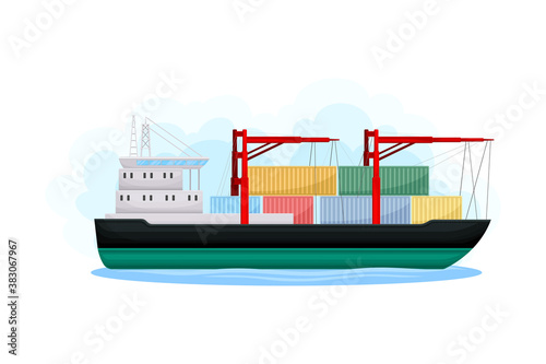 Cargo Ship or Freighter as Water Transport Vector Illustration
