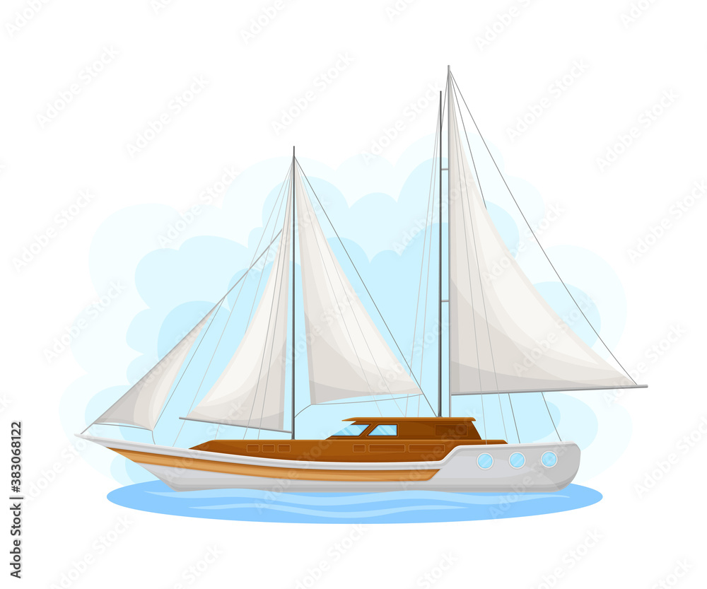 Luxury Yacht with Cabin and Sails as Water Transport Vector Illustration