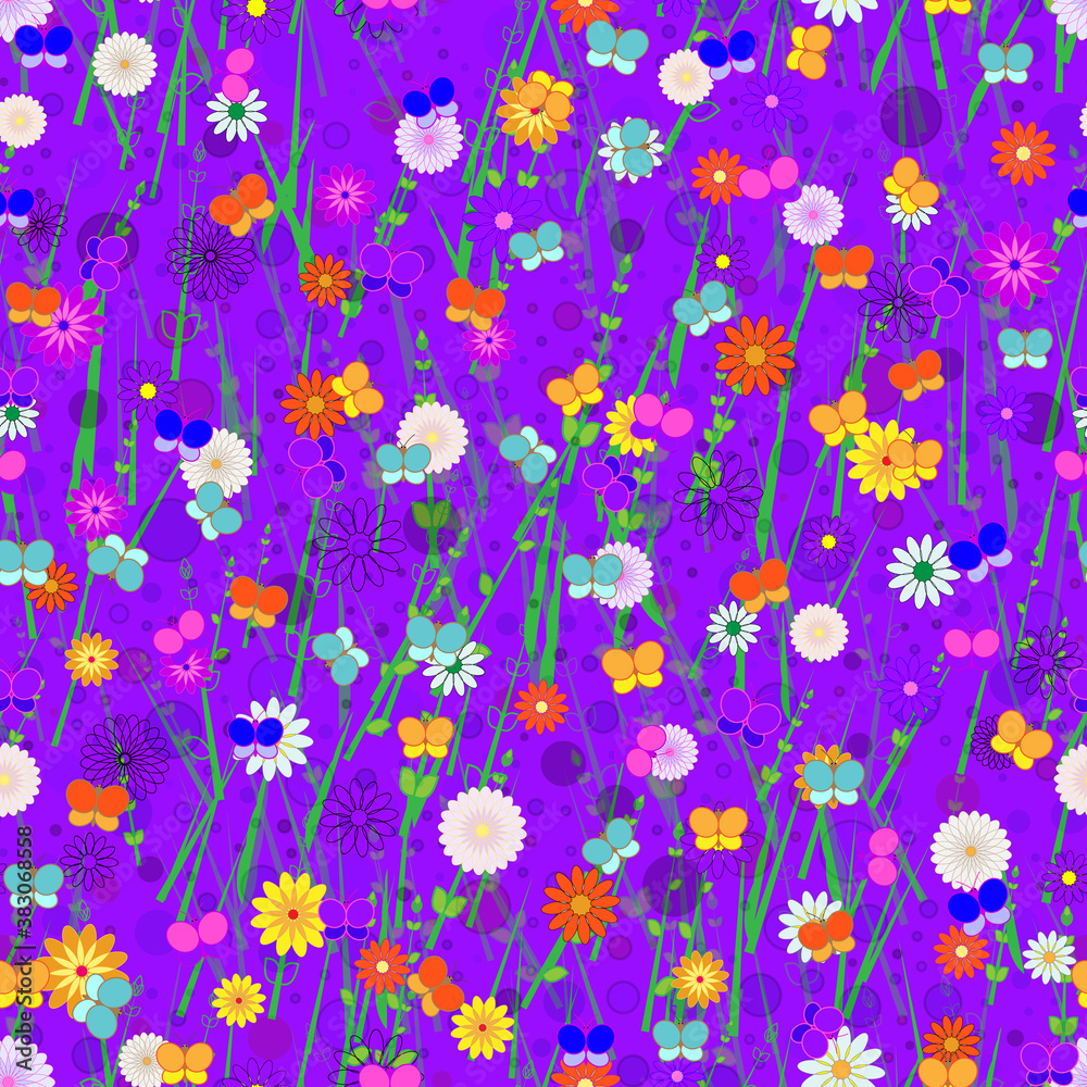 Seamless, Vector Abstract Image of Stylized Butterflies, Flowers and Grass On a Purple Background. Application in Design Possible