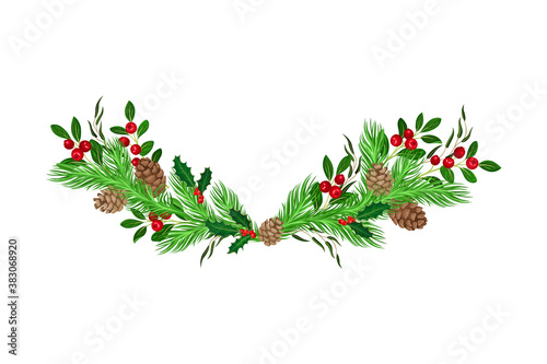 Coniferous Branches Arranged with Cranberry Twigs and Fir Cones Semicircular Vector Illustration