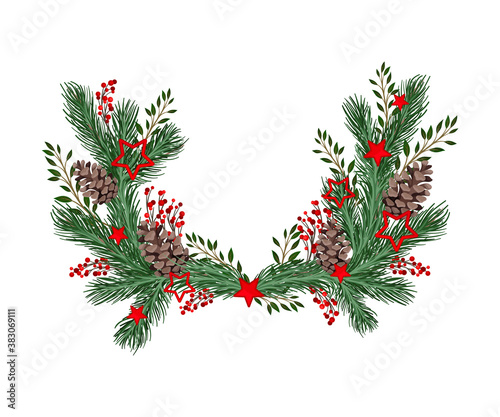 Coniferous Branches Arranged with Berry Twigs and Fir Cones Semicircular Vector Illustration