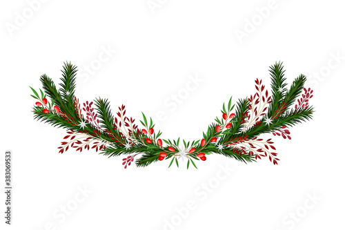 Bright Coniferous Tree Branch and Barberry Arranged in Semicircular Vector Composition