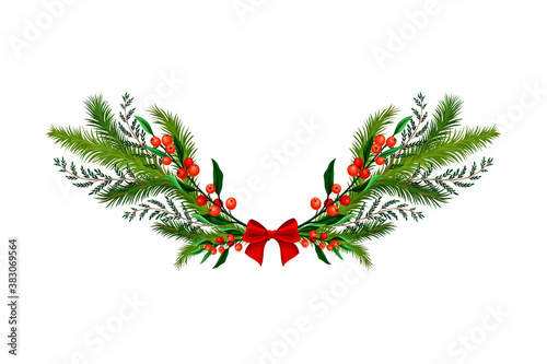 Bright Coniferous Tree Branch and Rowan Berry Arranged in Semicircular Vector Composition
