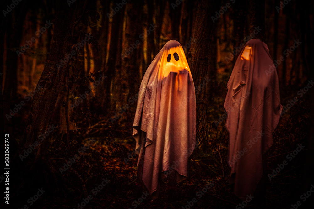 ghost in a dark forest Halloween background ghost in a dark forest Halloween background