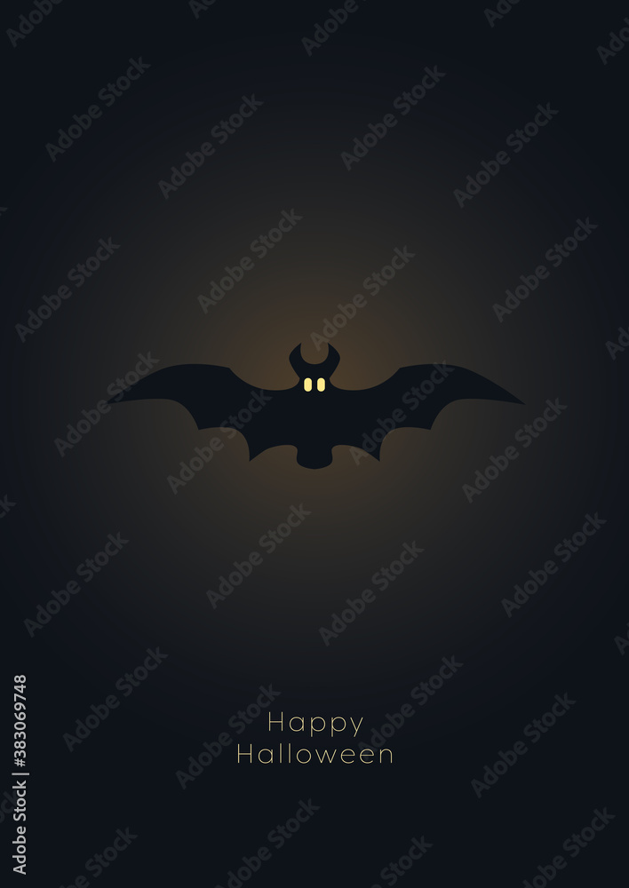 Halloween holiday card vector template with bat flying at night. Minimal simple design.