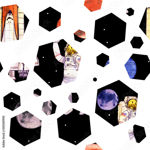 Seamless pattern illustration with austonaut,space,planet,spaceship and stars in hexagons on white background 