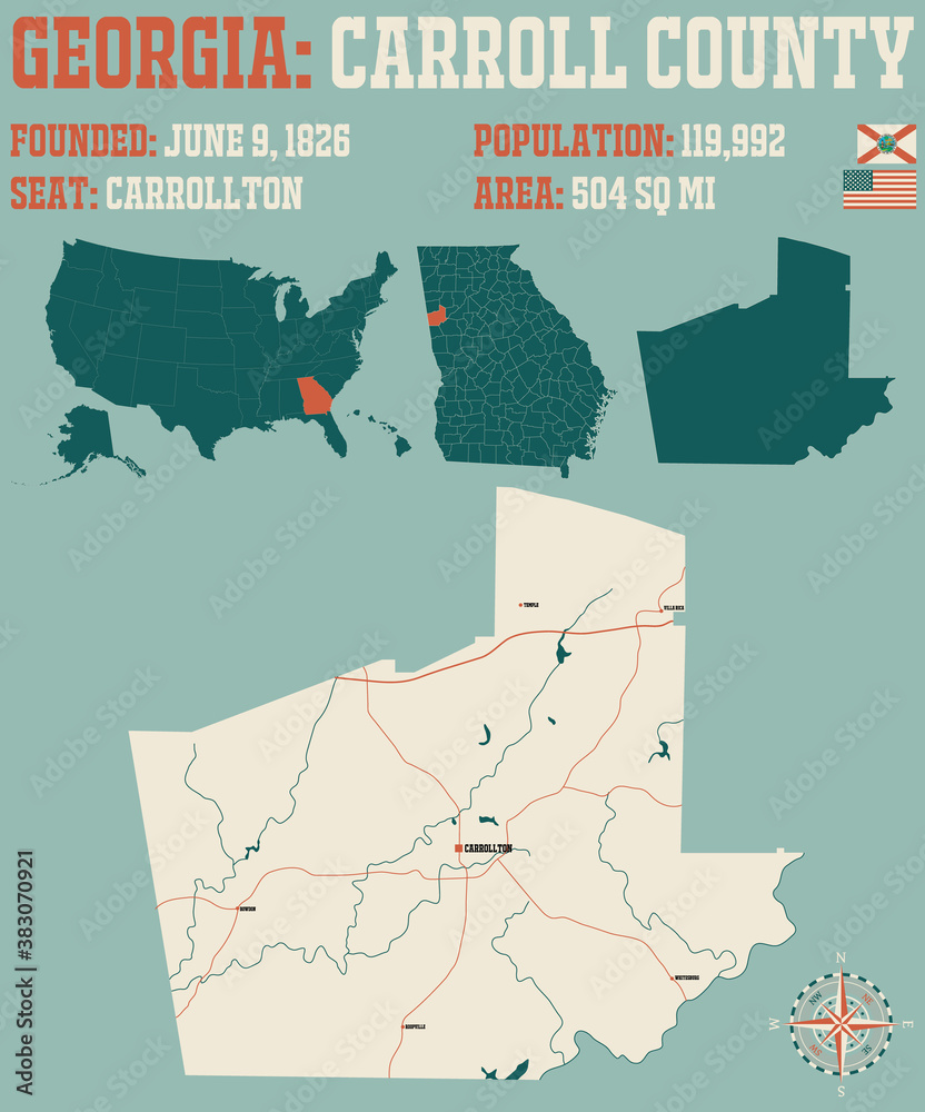 Fototapeta premium Large and detailed map of Carroll county in Georgia, USA.