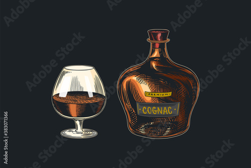 Cognac bottle and glass goblet. Engraved hand drawn vintage sketch. Woodcut style. Vector illustration.