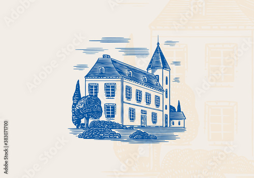 Alcohol production plant. Cognac castle. Engraved hand drawn vintage sketch. Woodcut style. Vector illustration 