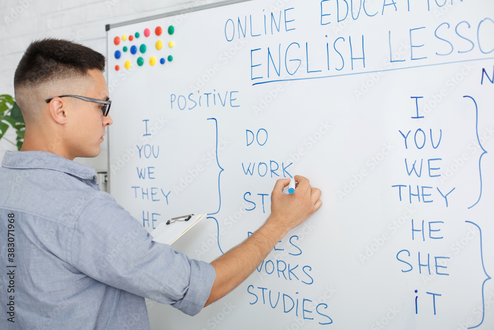 Online English school at home. Serious guy in glasses writes rules on blackboard and streams video for students during pandemic Online English school at home. Serious guy in glasses writes rules on blackboard and streams video for students during pandemic