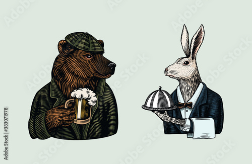 Grizzly Bear with a beer mug. Hare waiter. Brewer with a glass cup. Fashion animal character. Rabbit flunky or garcon. Hand drawn sketch. Vector engraved illustration for logo and tattoo or T-shirts.