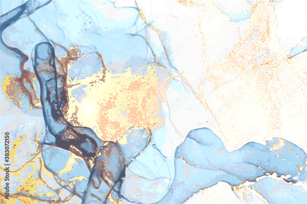 Naklejka premium Luxury blue, grey, gold stone marble texture. Alcohol ink technique abstract vector background. Modern paint in natural colors with glitter. Template for banner, poster design. Fluid art painting